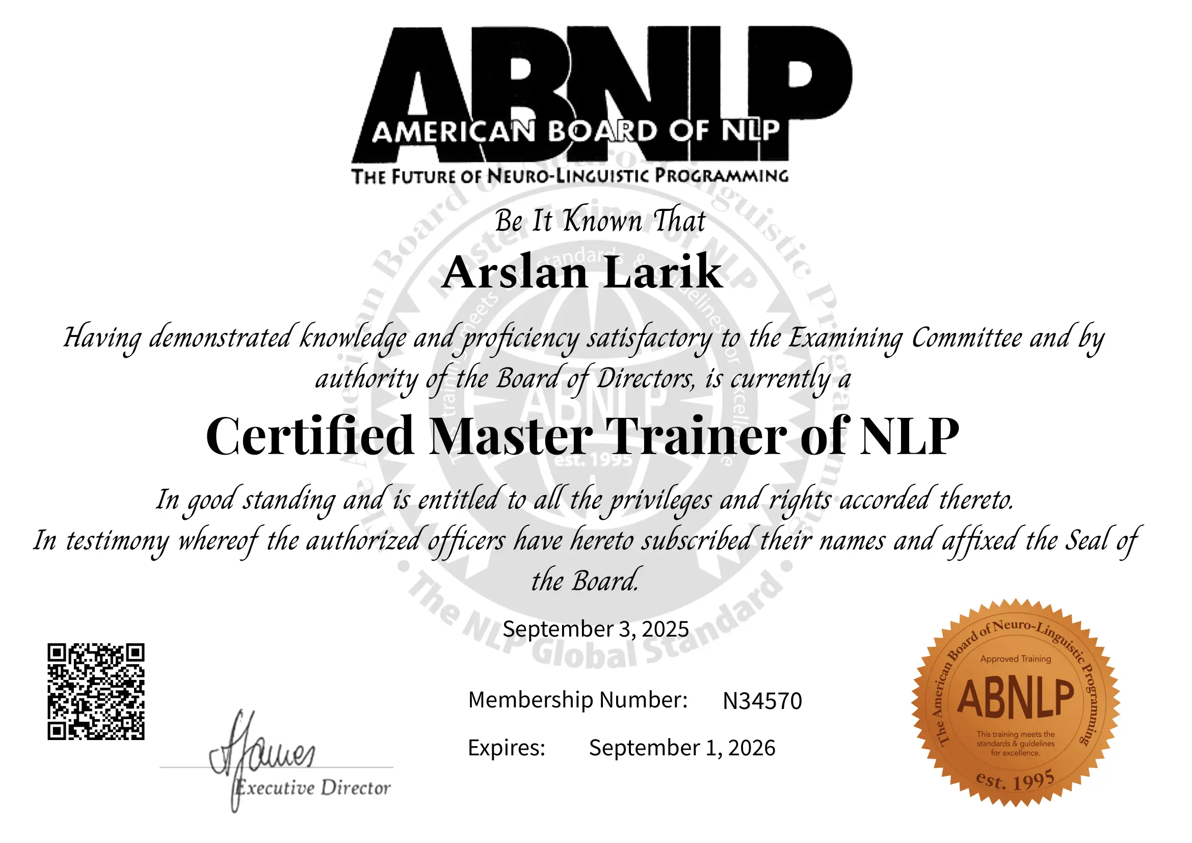 Certified Master Trainer of NLP